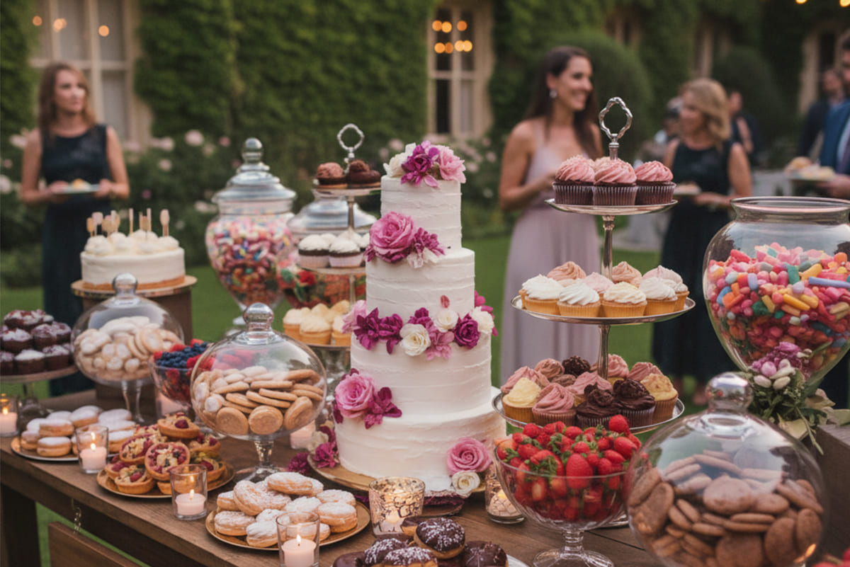 Colorful dessert table with macarons and cakes
